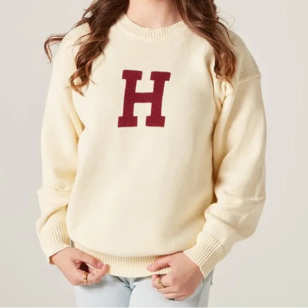 The H Sweater Harvard Ivory Maroon Letter Sweater Cream Sweater Unisex Size L
